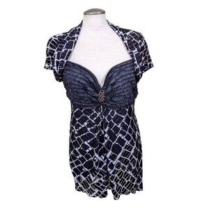 Joseph Ribkoff Vintage 90s Womens XL Black White Babydoll Cap Sleeve Top Blouse